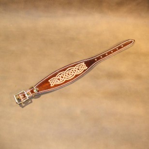 Whippet or Small Lurcher Collar in Dark Brown Leather with Embossed Celtic Design